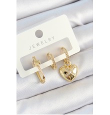 Pirinç Zirkon Taşlı Kalp Model Gold Renk 3'lü Çift Kadın Küpe Set - TJ-BKP10822