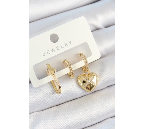 Pirinç Zirkon Taşlı Kalp Model Gold Renk 3'lü Çift Kadın Küpe Set - TJ-BKP10822
