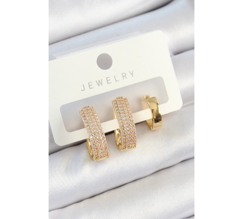 Pirinç Zirkon Taşlı Damla Model Gold Renk 3'lü Çift Kadın Küpe Set - TJ-BKP10823