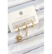 Pirinç Zirkon Taşlı Güneş Model Gold Renk 3'lü Çift Kadın Küpe Set - TJ-BKP10824