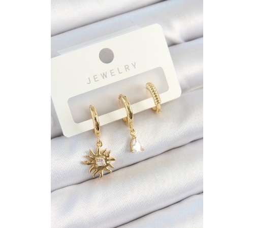 Pirinç Zirkon Taşlı Güneş Model Gold Renk 3'lü Çift Kadın Küpe Set - TJ-BKP10824