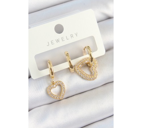 Pirinç Zirkon Taşlı Kalp Model Gold Renk 3'lü Çift Kadın Küpe Set - TJ-BKP10825