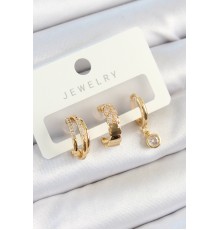 Pirinç Zirkon Taşlı Halka Model Gold Renk 3'lü Çift Kadın Küpe Set - TJ-BKP10826