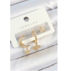 Pirinç Zirkon Taşlı Çiçek Ve Ay Model Gold Renk 3'lü Çift Kadın Küpe Set - TJ-BKP10827