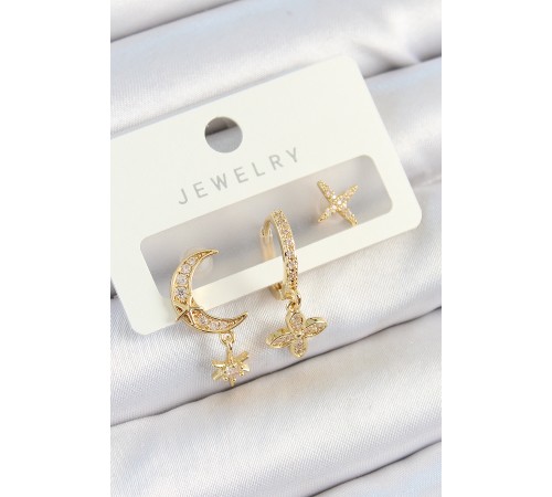 Pirinç Zirkon Taşlı Çiçek Ve Ay Model Gold Renk 3'lü Çift Kadın Küpe Set - TJ-BKP10827