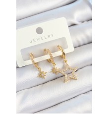 Pirinç Zirkon Taşlı Yıldız Model Gold Renk 3'lü Çift Kadın Küpe Set - TJ-BKP10828