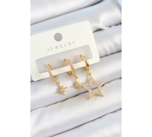 Pirinç Zirkon Taşlı Yıldız Model Gold Renk 3'lü Çift Kadın Küpe Set - TJ-BKP10828