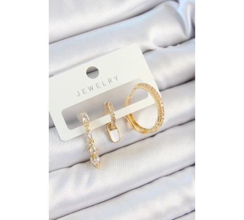 Pirinç Zirkon Taşlı Sallantılı Model Gold Renk 3'lü Çift Kadın Küpe Set - TJ-BKP10829