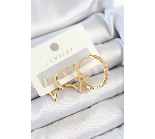 Pirinç Zirkon Taşlı Yıldız Ve Halka Model Gold Renk 3'lü Çift Kadın Küpe Set - TJ-BKP10830