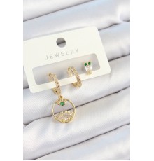 Pirinç Zirkon Taşlı Göz Ve Baykuş Model Gold Renk 3'lü Çift Kadın Küpe Set - TJ-BKP10831