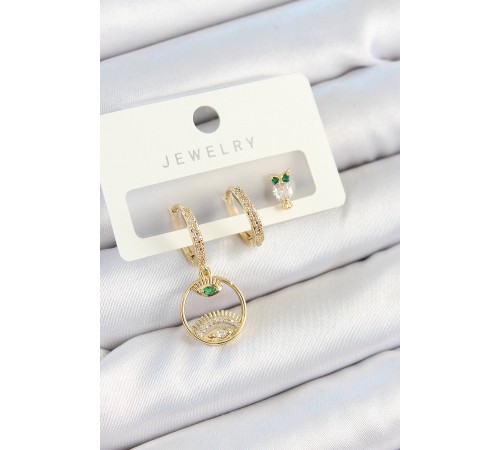 Pirinç Zirkon Taşlı Göz Ve Baykuş Model Gold Renk 3'lü Çift Kadın Küpe Set - TJ-BKP10831