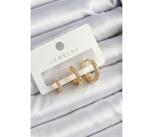Pirinç Zirkon Taşlı Halka Model Gold Renk 3'lü Çift Kadın Küpe Set - TJ-BKP10832