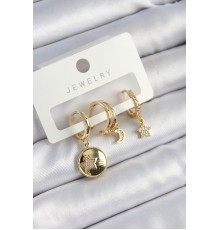 Pirinç Zirkon Taşlı Yıldız Ve Ay Model Gold Renk 3'lü Çift Kadın Küpe Set - TJ-BKP10833