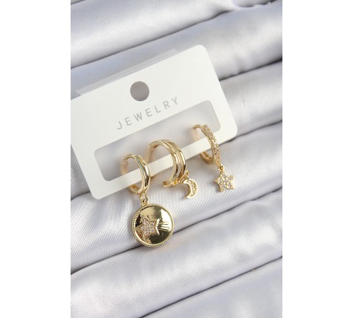Pirinç Zirkon Taşlı Yıldız Ve Ay Model Gold Renk 3'lü Çift Kadın Küpe Set - TJ-BKP10833