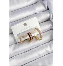 Pirinç Zirkon Taşlı Bordo Halka Model Gold Renk 3'lü Çift Kadın Küpe Set - TJ-BKP10834