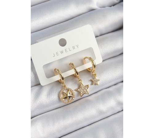 Pirinç Zirkon Taşlı Yıldız Model Gold Renk 3'lü Çift Kadın Küpe Set - TJ-BKP10835