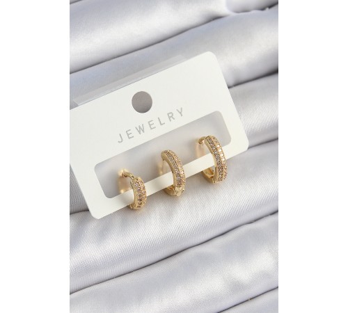 Pirinç Zirkon Taşlı Yıldız Model Gold Renk 3'lü Çift Kadın Küpe Set - TJ-BKP10836
