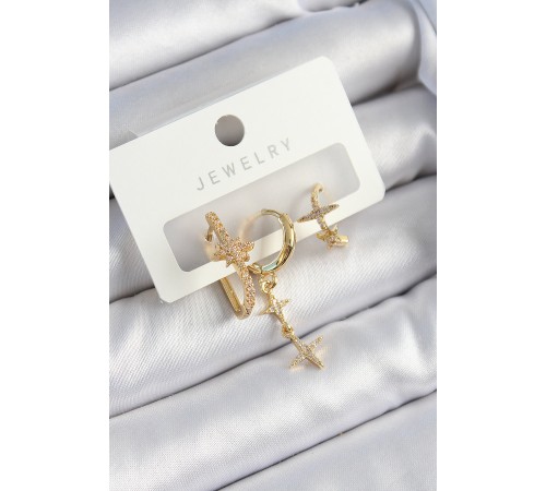 Pirinç Zirkon Taşlı Yıldız Model Gold Renk 3'lü Çift Kadın Küpe Set - TJ-BKP10837