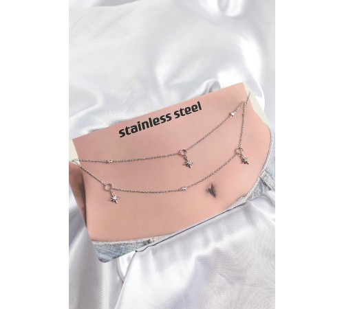 316L Çelik Zirkon Taşlı Kutup Yıldızı Model Gümüş Renk Göbek Zinciri - TJ-BKGZ10343