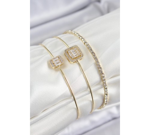 Pirinç Zirkon Taşlı Baget Model Gold Renk Vip 3'lü Kadın Bileklik - TJ-BB7334