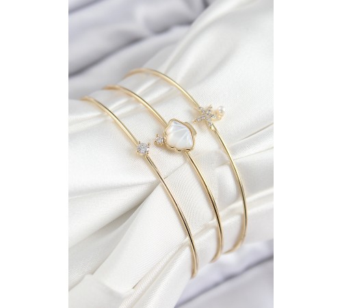 Pirinç Zirkon Taşlı İstiridye Ve Deniz Yıldızı Model Gold Renk Vip 3'lü Kadın Bileklik - TJ-BB7335