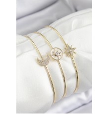 Pirinç Zirkon Taşlı Ay Ve Kutup Yıldızı Model Gold Renk Vip 3'lü Kadın Bileklik - TJ-BB7337