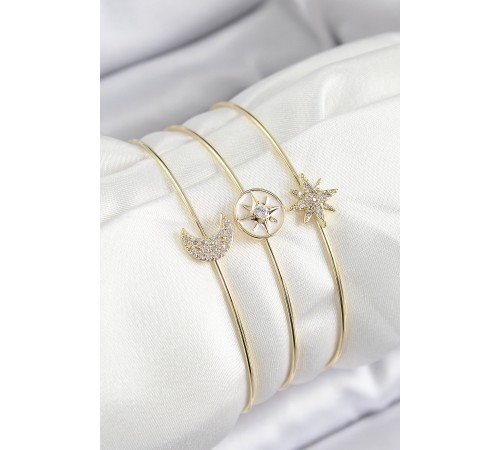 Pirinç Zirkon Taşlı Ay Ve Kutup Yıldızı Model Gold Renk Vip 3'lü Kadın Bileklik - TJ-BB7337