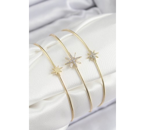 Pirinç Zirkon Taşlı Kutup Yıldızı Model Gold Renk Vip 3'lü Kadın Bileklik - TJ-BB7338