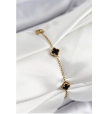 316L Çelik Siyah Sedef Yonca Model Gold Renk Kadın Bileklik - TJ-BB7359