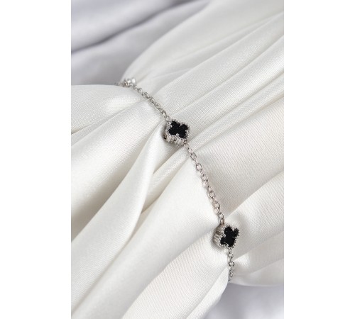 316L Çelik Siyah Sedef Yonca Model Gümüş Renk Kadın Bileklik - TJ-BB7360