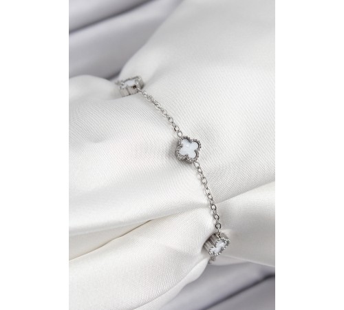 316L Çelik Beyaz Sedef Yonca Model Gümüş Renk Kadın Bileklik - TJ-BB7361