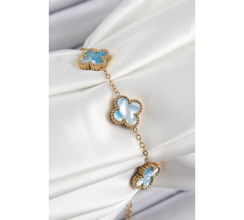 316L Çelik Mavi Sedef Yonca Model Gold Renk Kadın Bileklik - TJ-BB7366