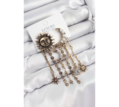 Pirinç Zirkon Taşlı Güneş Ve Ay Figürlü Eskitme Model Sallantılı Küpe - TJ-BKP10862