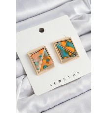 Pirinç Turuncu Yeşil Üçgen Kesim Detaylı Kare Model Vintage Gold Renk Kadın Küpe - TJ-BKP10872