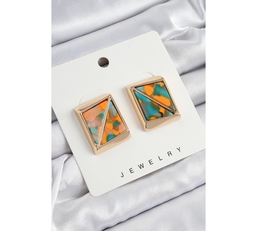 Pirinç Turuncu Yeşil Üçgen Kesim Detaylı Kare Model Vintage Gold Renk Kadın Küpe - TJ-BKP10872
