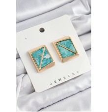 Pirinç Turkuaz Üçgen Kesim Detaylı Kare Model Vintage Gold Renk Kadın Küpe - TJ-BKP10873