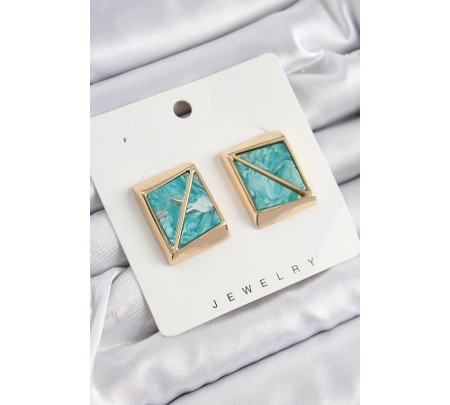Pirinç Turkuaz Üçgen Kesim Detaylı Kare Model Vintage Gold Renk Kadın Küpe - TJ-BKP10873