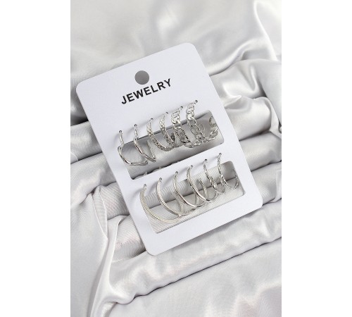 Pirinç Karışık Halka Model Gümüş Renk 6 Çift Kadın Küpe Set - TJ-BKP10876