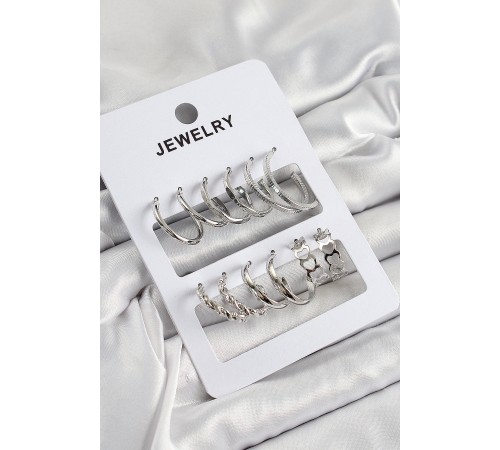 Pirinç Karışık Halka Model Gümüş Renk 6 Çift Kadın Küpe Set - TJ-BKP10877