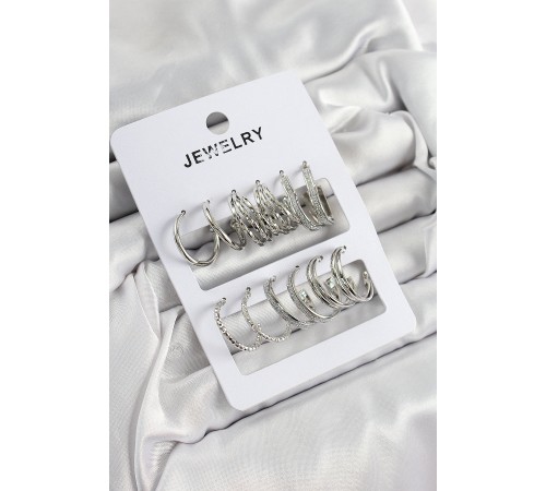 Pirinç Karışık Halka Model Gümüş Renk 6 Çift Kadın Küpe Set - TJ-BKP10881