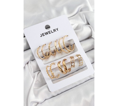 Pirinç Karışık Halka Model Gold Renk 6 Çift Kadın Küpe Set - TJ-BKP10885