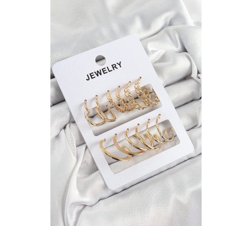 Pirinç Karışık Halka Model Gold Renk 6 Çift Kadın Küpe Set - TJ-BKP10887