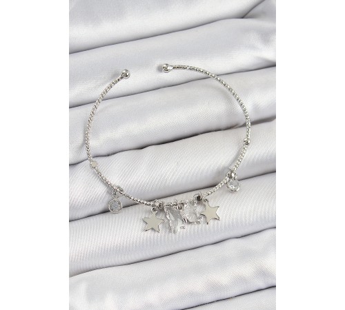 Pirinç Zirkon Taşlı Ve Yıldız Model Gümüş Renk Charm Bileklik - TJ-BB7345