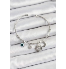 Pirinç Zirkon Taşlı Güneş Ay Ve Nazar Model Gümüş Renk Charm Bileklik - TJ-BB7346