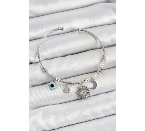 Pirinç Zirkon Taşlı Güneş Ay Ve Nazar Model Gümüş Renk Charm Bileklik - TJ-BB7346