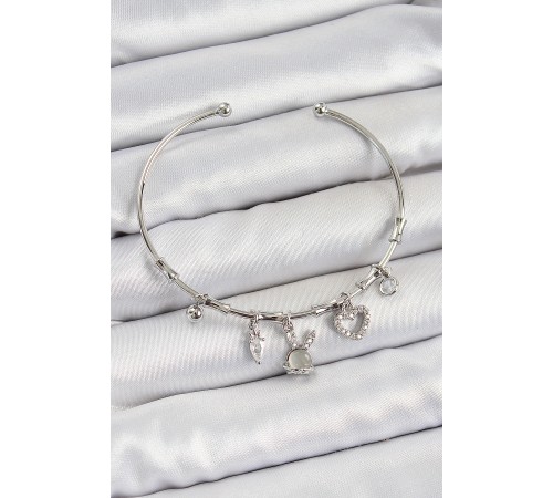 Pirinç Zirkon Taşlı Tavşan Ve Kalp Model Gümüş Renk Charm Bileklik - TJ-BB7348