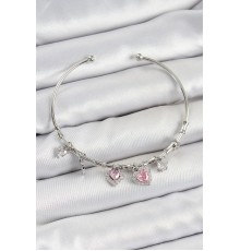 Pirinç Zirkon Taşlı Pembe Kalp Model Gümüş Renk Charm Bileklik - TJ-BB7350