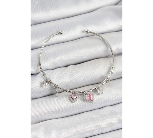 Pirinç Zirkon Taşlı Pembe Kalp Model Gümüş Renk Charm Bileklik - TJ-BB7350