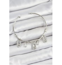 Pirinç Zirkon Taşlı Dikdörtgen Model Gümüş Renk Charm Bileklik - TJ-BB7351