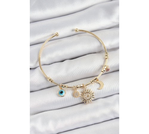 Pirinç Zirkon Taşlı Güneş Ay Nazar Model Gold Renk Charm Bileklik - TJ-BB7354